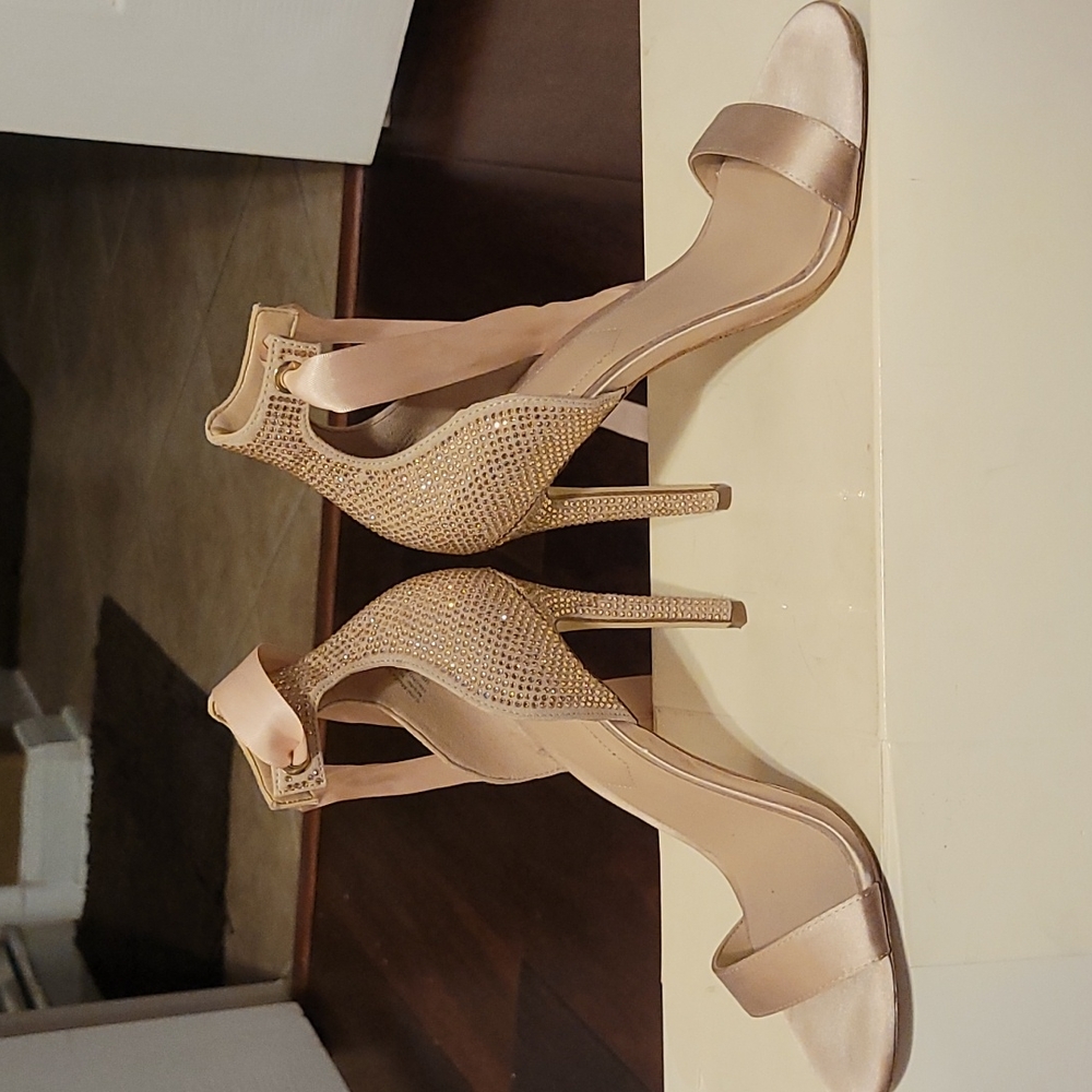 ALDO open toed pink Satin heels. Pink rhinestones on heels and back of shoe.